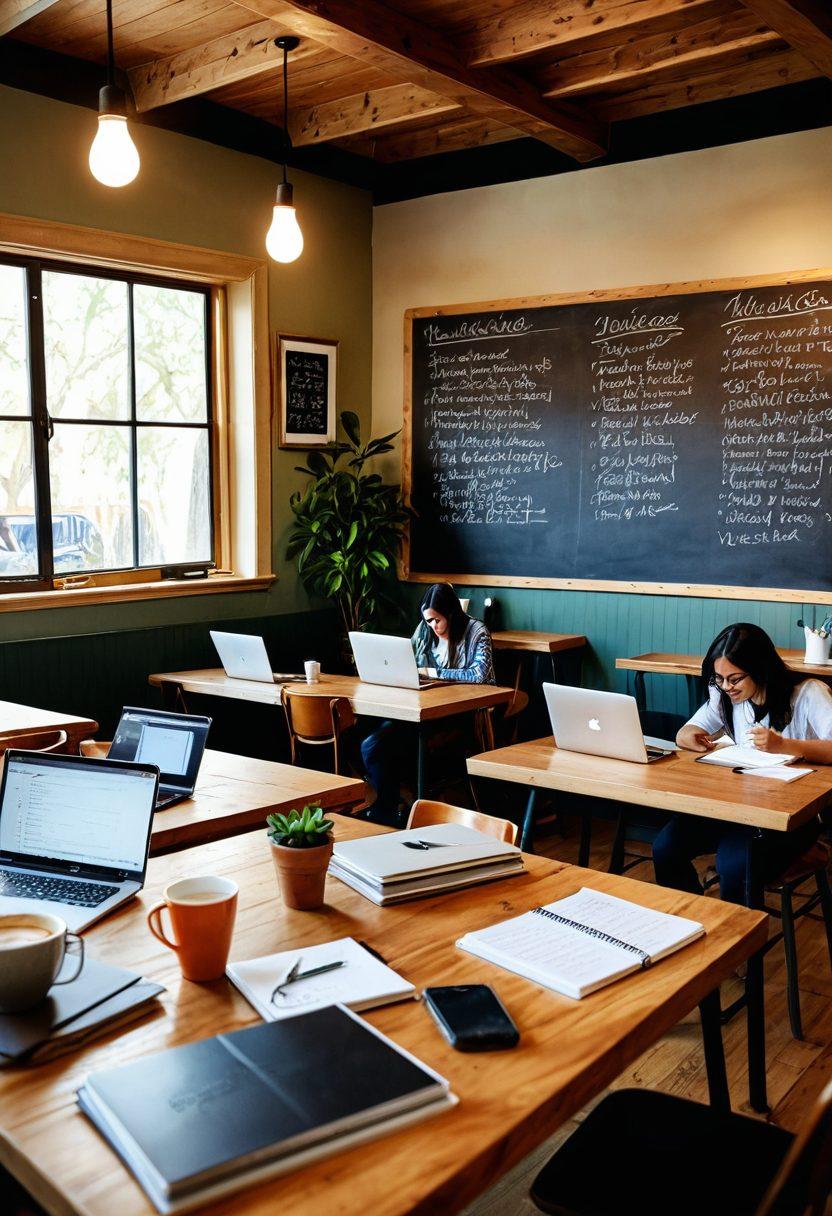 A cozy scene of diverse bloggers collaborating in a colorful coffee shop, with laptops and notebooks spread out, vibrant ideas flowing as they share tips and resources. Include a chalkboard with inspirational quotes about blogging in the background. Super-realistic. Warm, inviting colors. Soft focus.