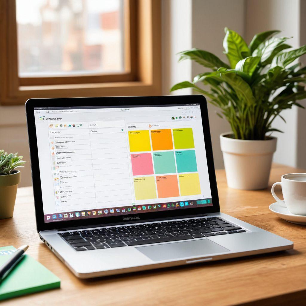 An open laptop displaying a beautifully designed blog interface, surrounded by colorful sticky notes with strategies scribbled on them. In the background, a digital growth chart with an upward trend and social media icons peeking through. A coffee cup and plant add a cozy touch to the scene. warm lighting. vibrant colors. super-realistic.